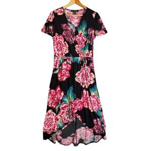Elie McCarthey Floral MIDI Dress Women’s Medium Petite Wrap Tiered Ruffle Long